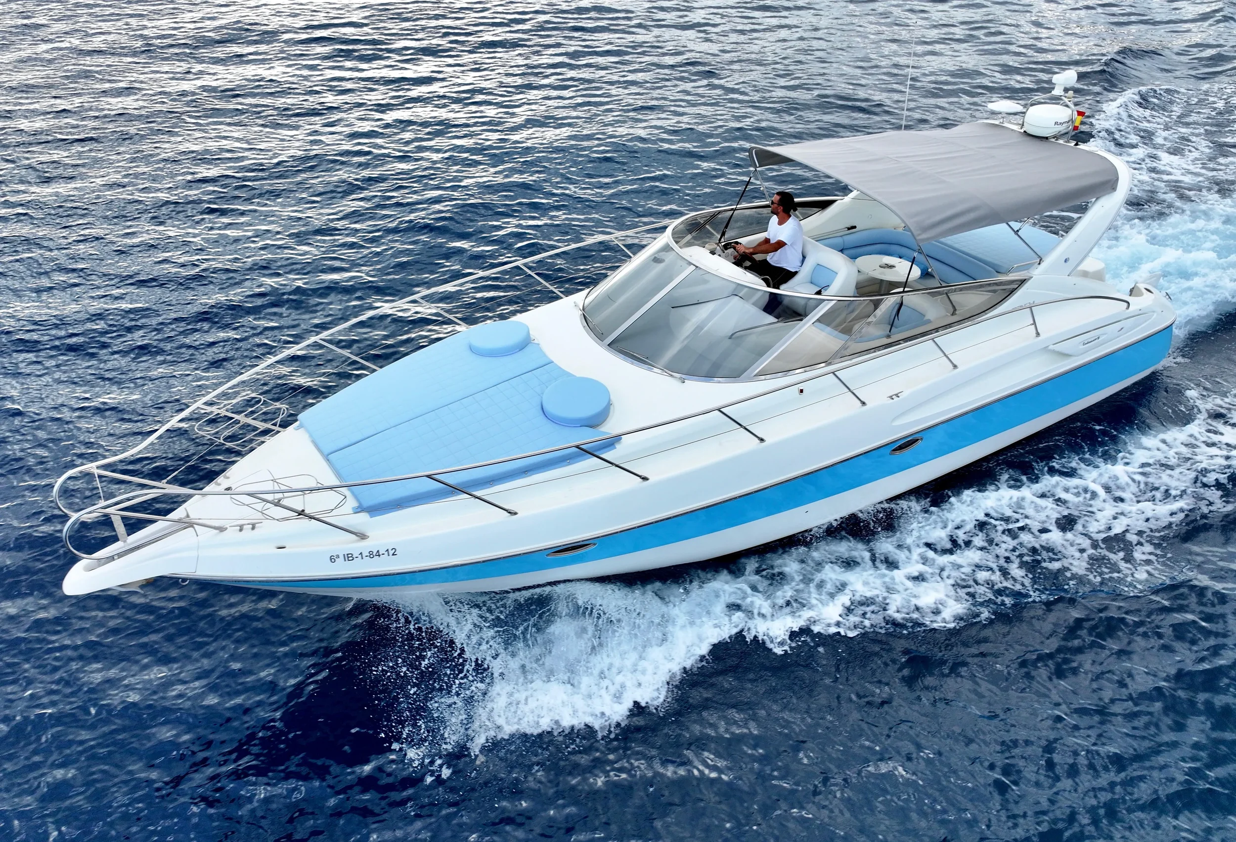 Cranchi Endurance 39 Aroha Ibiza bow and cockpit area underway on open sea