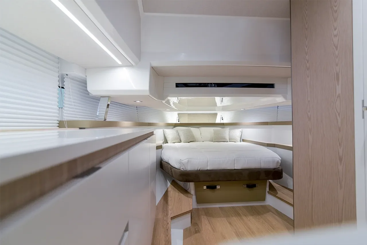 Fiart 35 Martone interior cabin with double bed and warm lighting