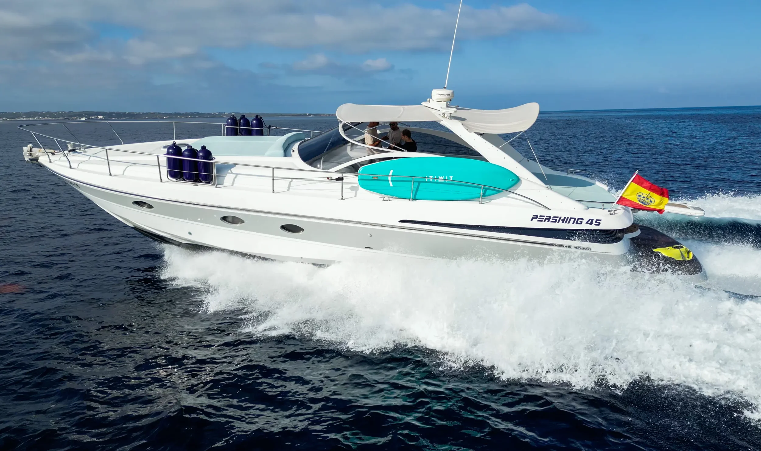 Pershing 45 Nona side profile underway showing sleek exterior lines on open sea