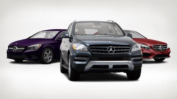 Three Mercedes-Benz vehicles: a purple coupe, a black SUV, and a red sports car, displayed on a white background.