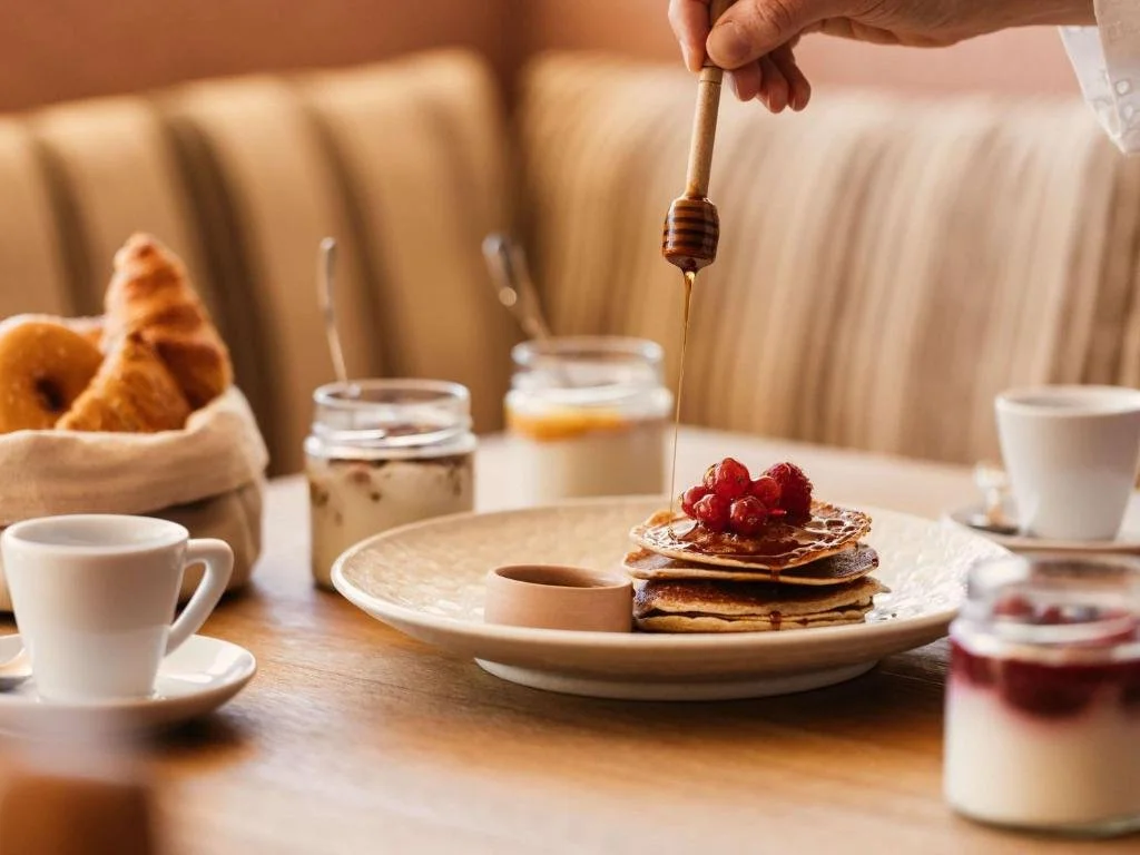 Breakfast table with pancakes, honey being drizzled, raspberries, yogurt jars, croissants, and coffee cups.