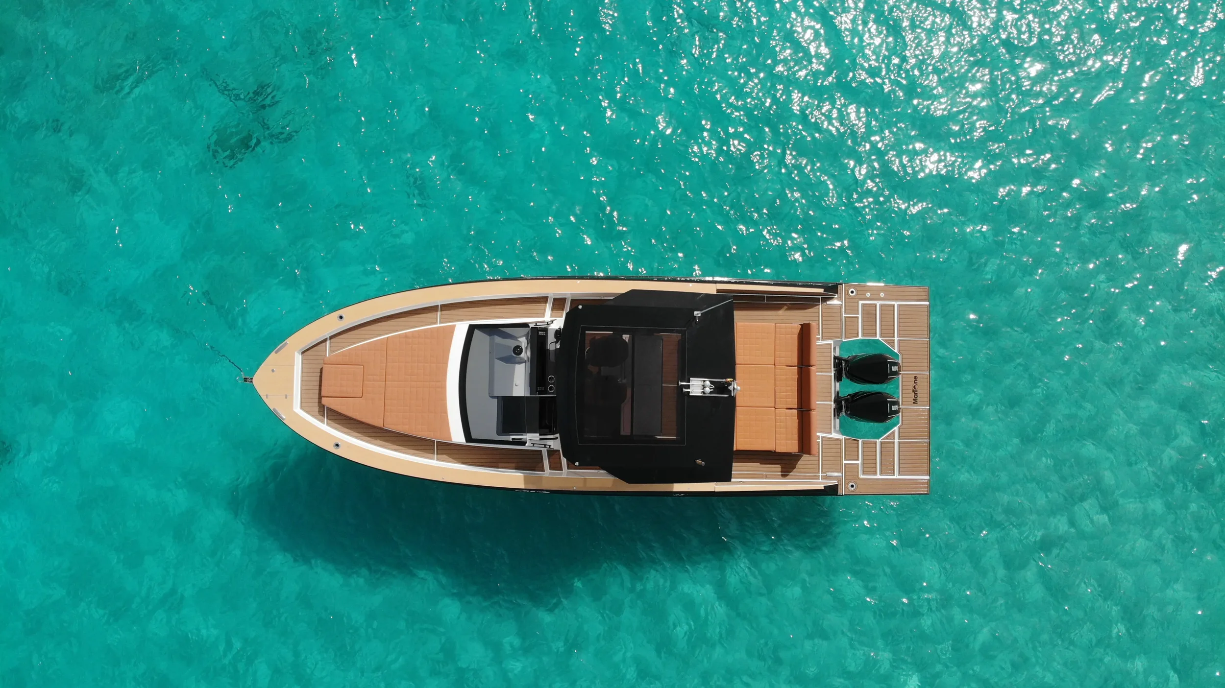 Fiart 35 Martone top view showing open deck layout on turquoise water