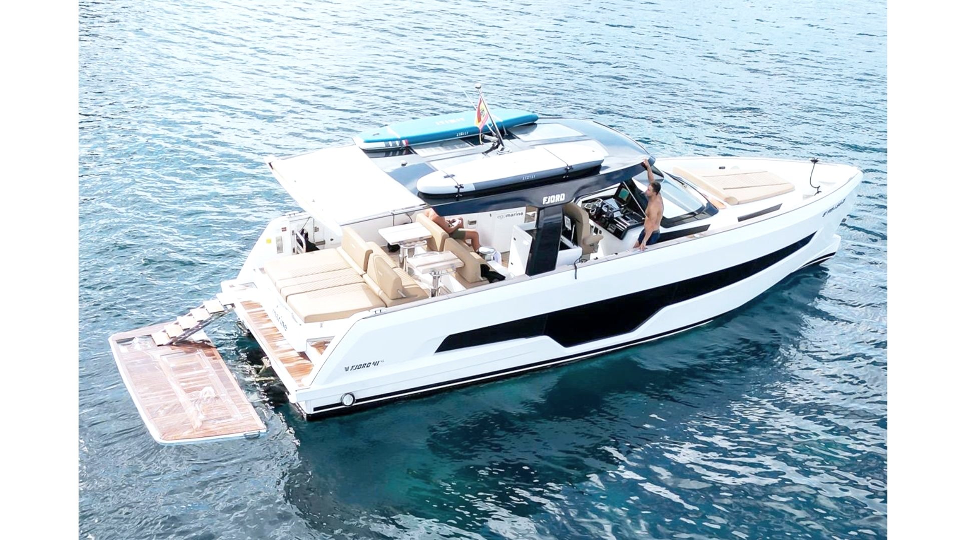 Luxury yacht on water with people on board