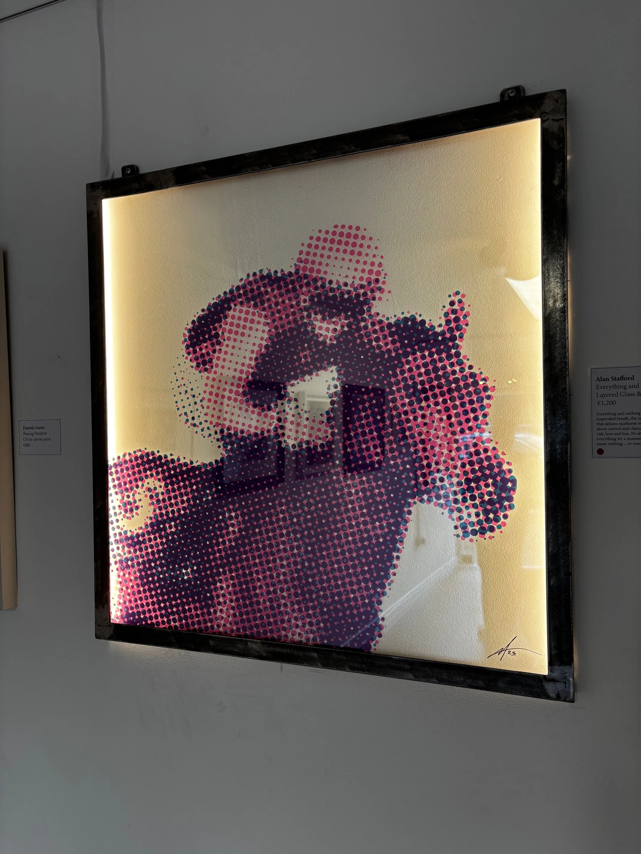  ‘Everything and Nothing’ Two colour (Cyan& Majenta) on 5 layers of glass & Acrylic, welded steel frame and LED back lights. 80 x 80cm