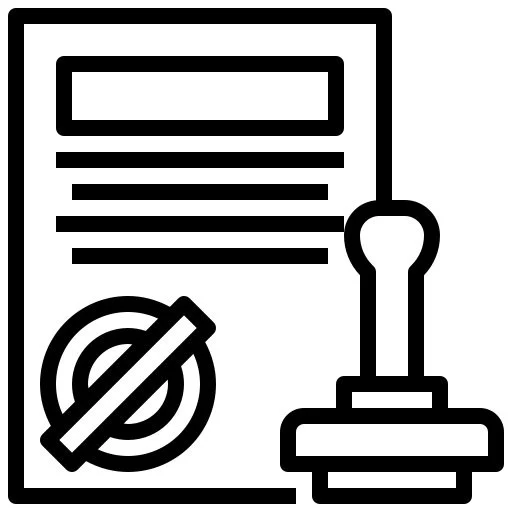 Eine symbolische  schwarz- weiß Darstellung eines Dokuments, das durch einen Stempel entwertet wird.