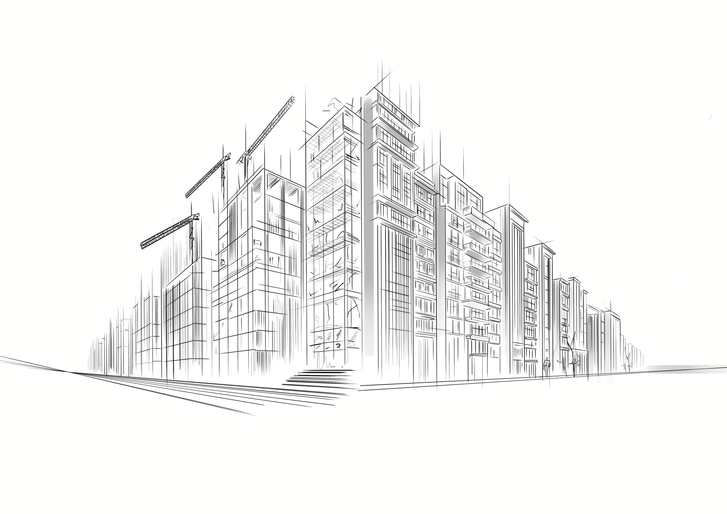 Un croquis d'un grand immeuble en construction dans un style minimaliste à lignes fines.