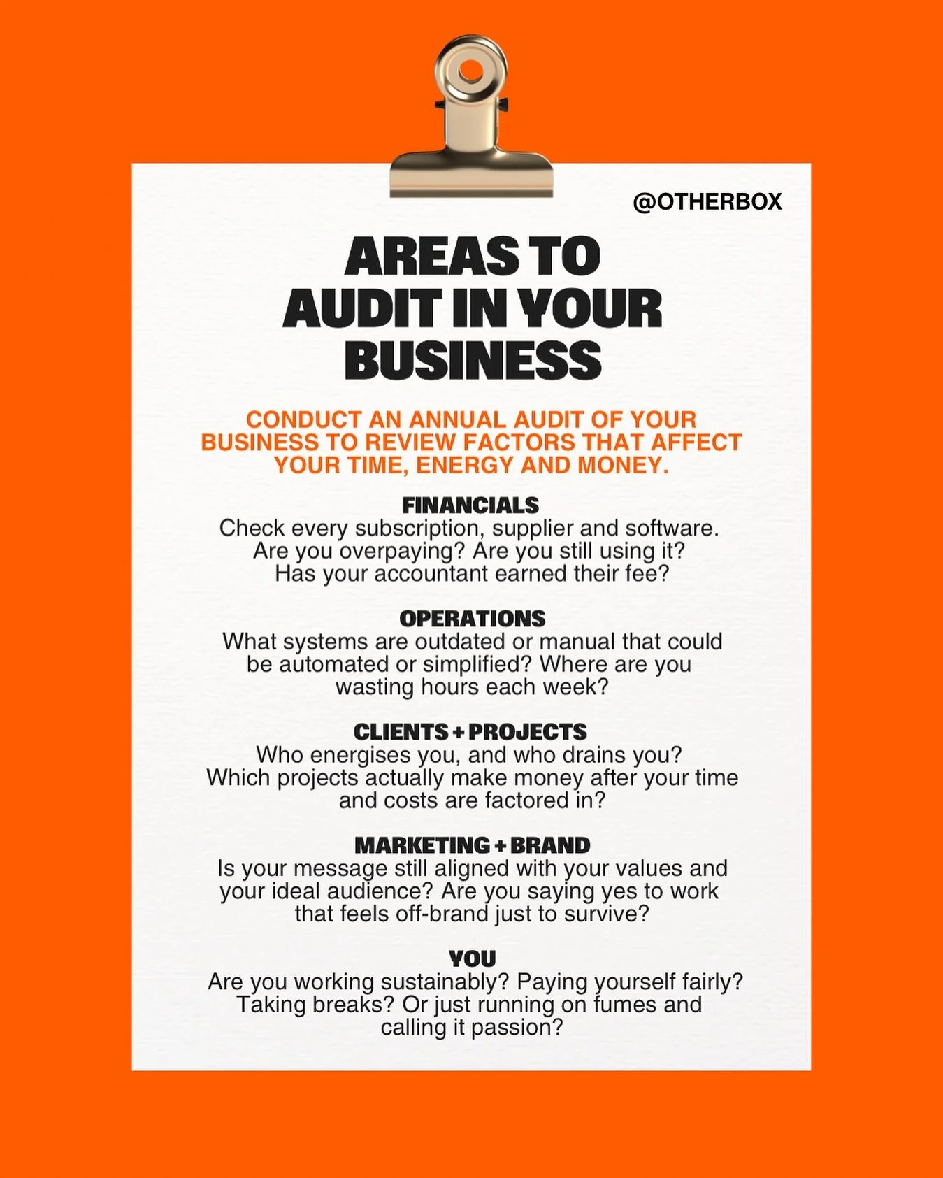 Attention business owners, self-employed people and entrepreneurs! You should conduct an audit of your business at least once a year. A proper business audit means reviewing everything that quietly drains (or fuels) your time, energy, and profit:

💸