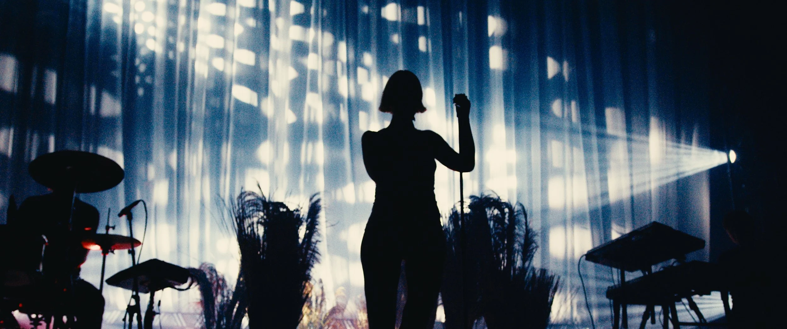 A silhouette of a female singer on stage with a microphone, with band instruments and plants around her, illuminated by backlighting and stage lights.