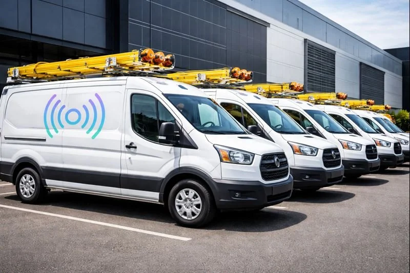 A fleet of white utility vans with yellow ladders mounted on top, parked outside a modern industrial building.