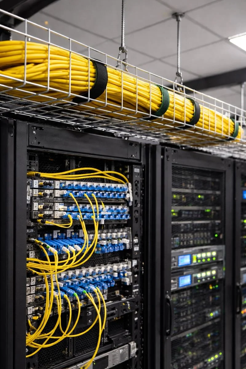 Server room with network equipment and yellow Ethernet cables organized in a cable management tray.
