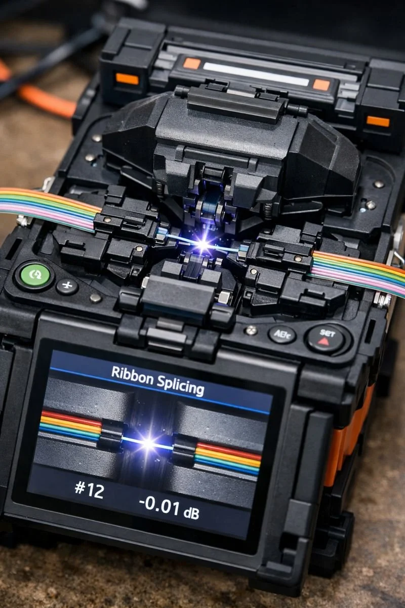 A fiber optic splicing machine with a screen displaying ribbon splicing process and an internal view showing fiber optic cables being aligned and fused.