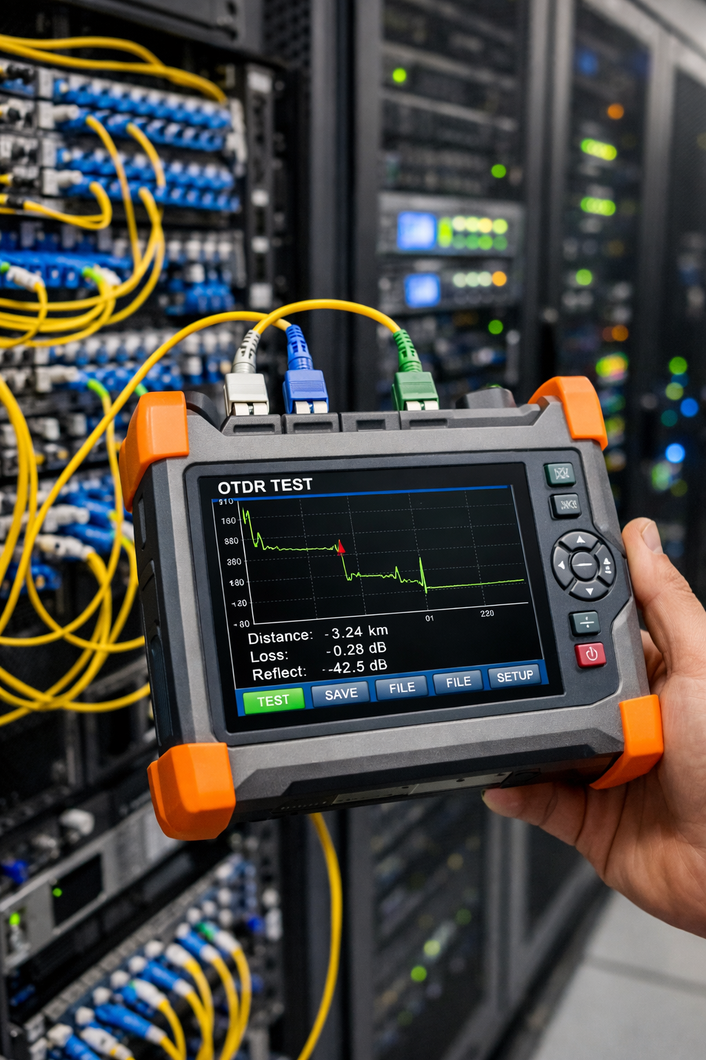 A handheld OTDR testing device displaying a graph and readings, connected to network equipment with yellow and blue cables, in a server room with racks of networking hardware.