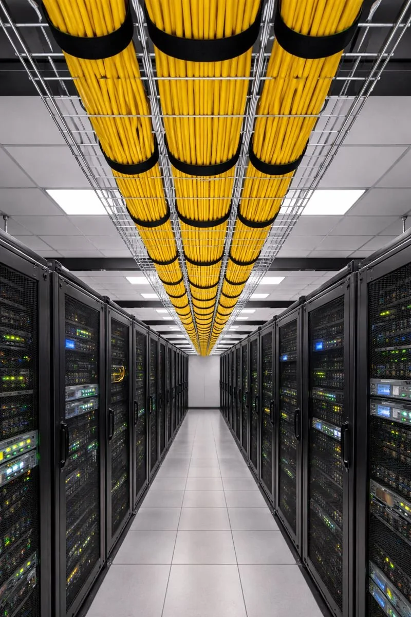 Data center with black server racks on both sides and yellow cable bundles running overhead.