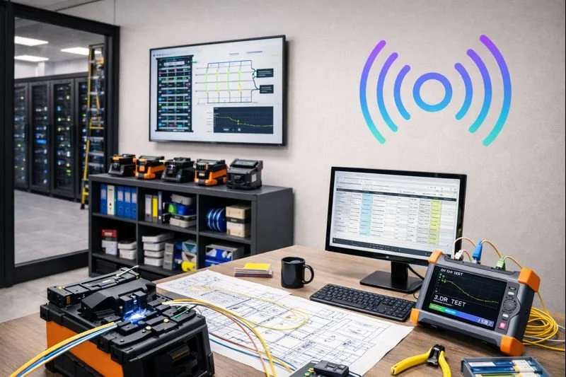 In a data center, there's a work desk with technical equipment, blueprints, a computer monitor displaying data, a test device, and a mug. In the background, a server room with racks of servers. A large screen on the wall displays network data and diagrams, and a wireless signal icon is overlaid.
