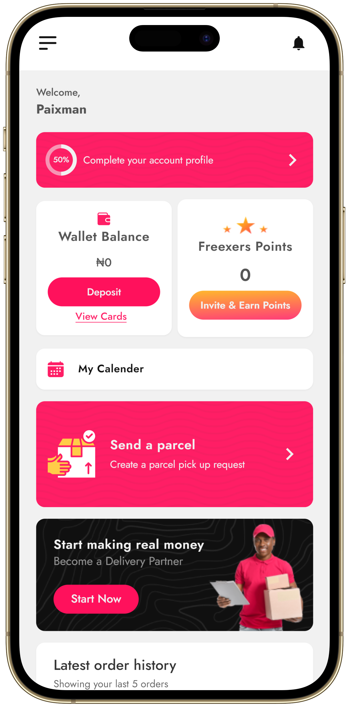 A mobile app screen for a delivery or financial service with a pink and white interface, showing user info, wallet balance, points, calendar, parcel sending option, and a call to action to start making real money as a delivery partner.