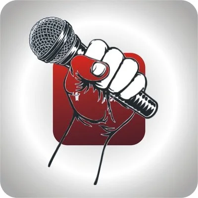 Illustration of a hand holding a microphone with a red background.