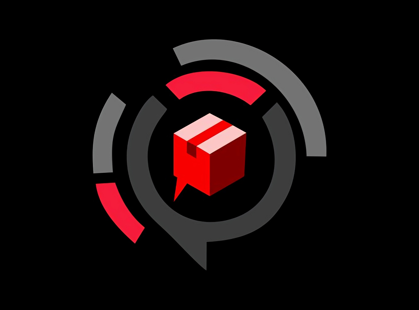 Digital graphic with a red 3D speech bubble and cube at the center, surrounded by concentric gray and red circular progress bars on a black background.
