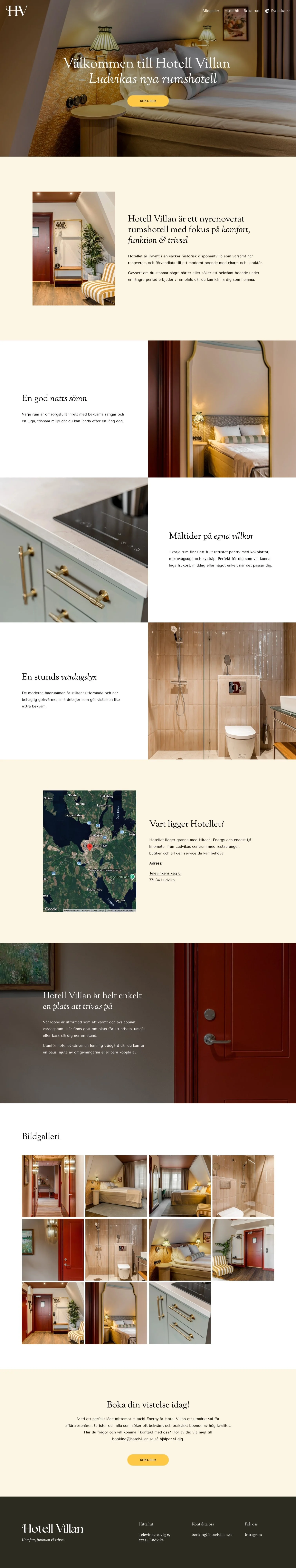Hotell Villans hemsida med rum, karta, lobby, bildgalleri och bokningsknapp