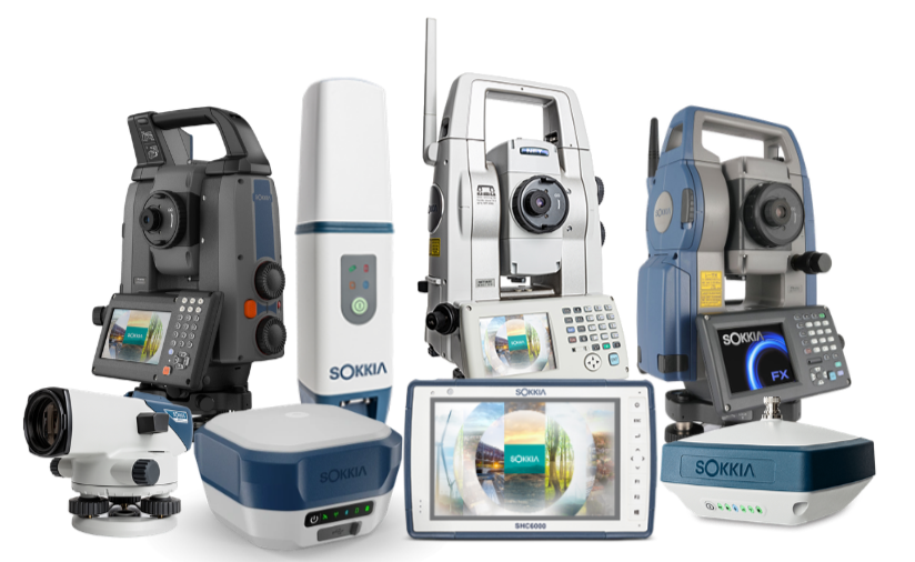 Collection of surveying and geospatial equipment including total stations, GNSS receivers, and a tablet with Sokkia branding.