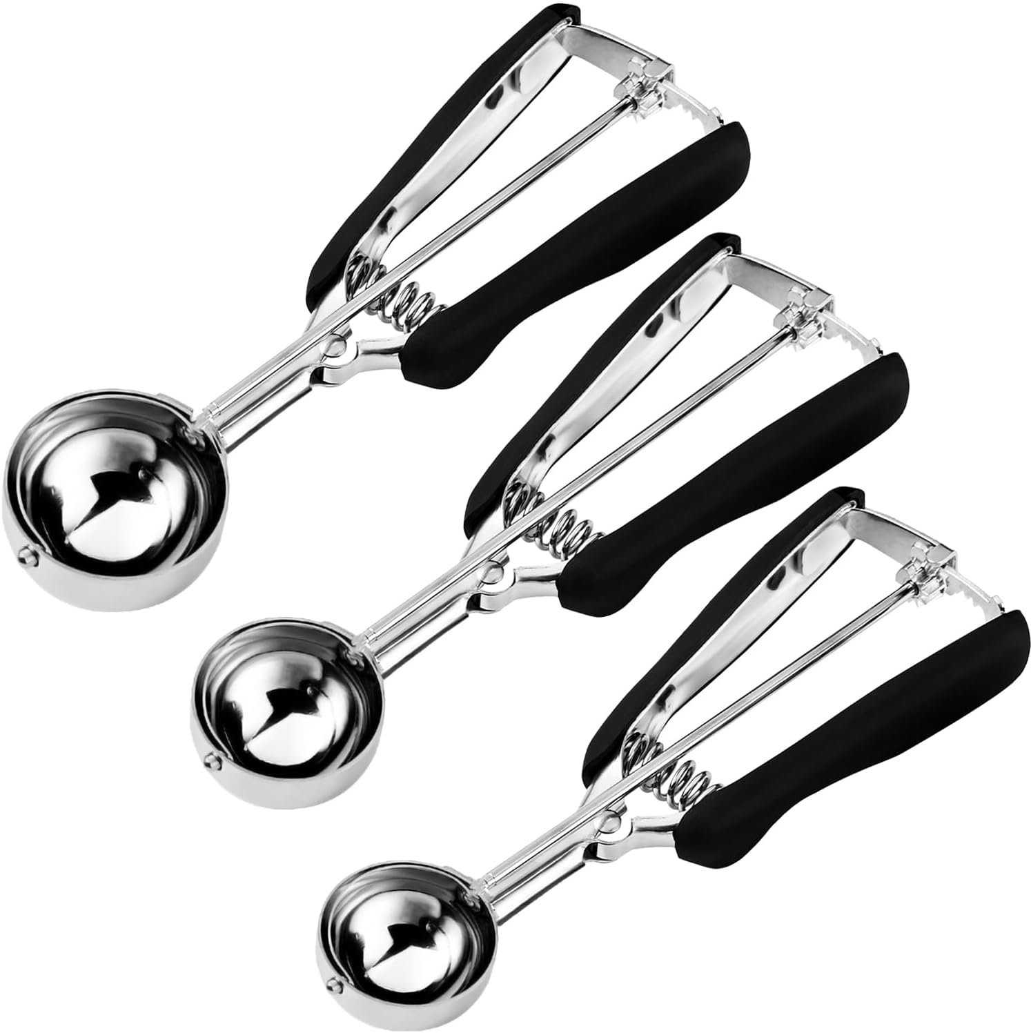 Three stainless steel ice cream scoops with black handles