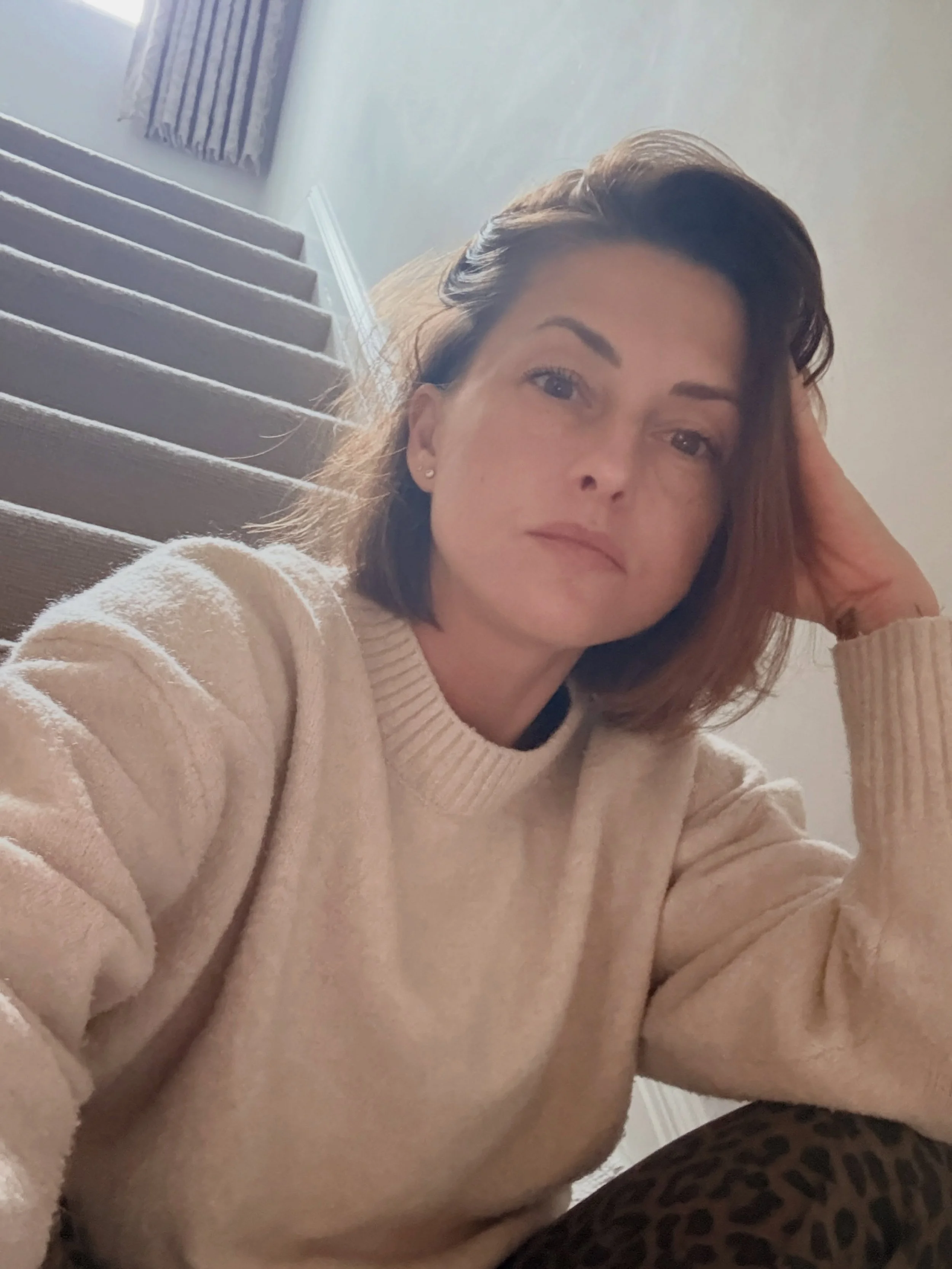 Weird little pockets of time recently have been teaching me that peace is possible in the hugeness of big changes.

In this case, on the third step of my staircase, waiting for Harper to brush her hair.

Hmmmm, staircases.

The pause between one chap