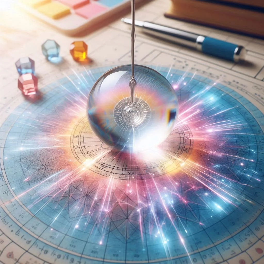 Una esfera de cristal sobre un mapa estelar con efectos de energía y brillo, y cristales de colores en el fondo.