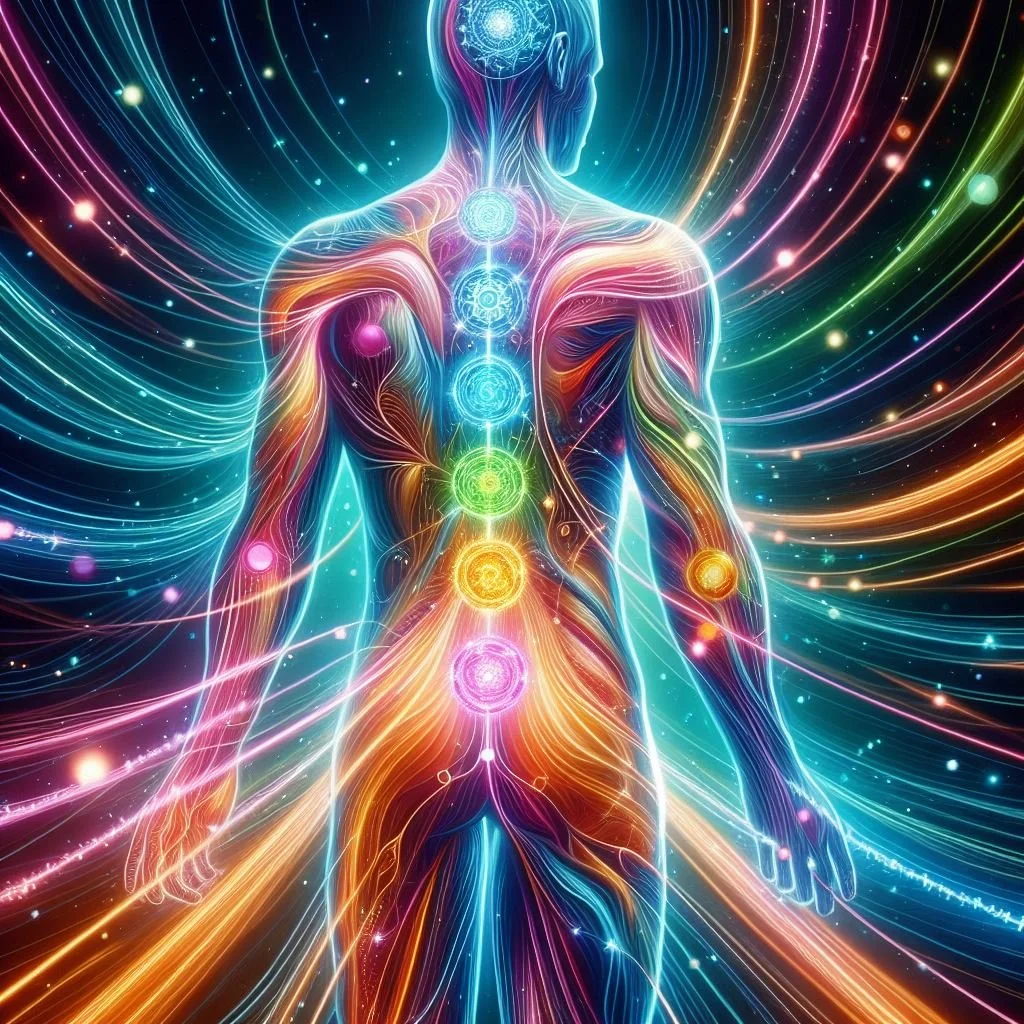 Ilustración digital de un cuerpo humano con canales de energía y colores vibrantes que representan los chakras y la fluidez de energía en todo el cuerpo.