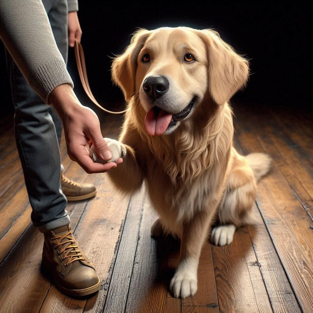 Un perro golden retriever sentado en un suelo de madera, con una expresión amigable y la lengua afuera, mientras recibe la mano de una persona para dar un apretón de patas.