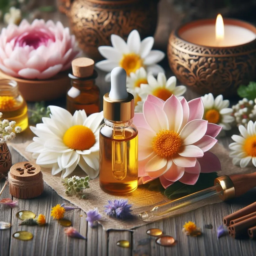 Aceite esencial en gotero rodeado de flores como margaritas y flores de loto, con velas y aromatizantes en un ambiente relajante.