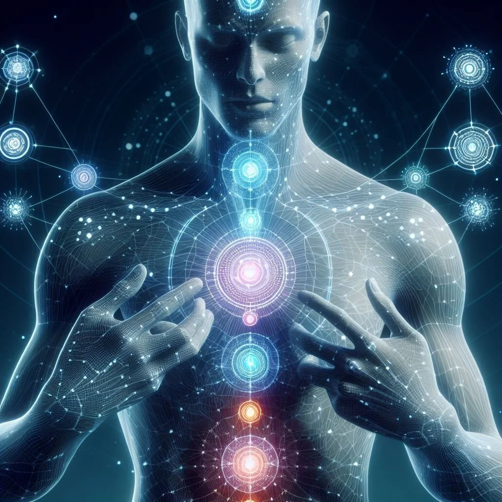 Representación digital del cuerpo humano con puntos luminosos y conexiones que indican los chakras o centros de energía, en un fondo oscuro con efectos de luz y datos digitales.
