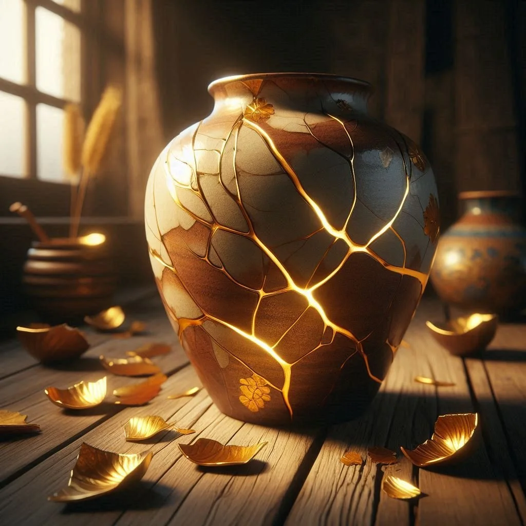 Vasija de cerámica rota con luz brillante que la atraviesa, sobre una mesa de madera, rodeada de fragmentos de cerámica dorada y utensilios en un entorno de luz cálida.