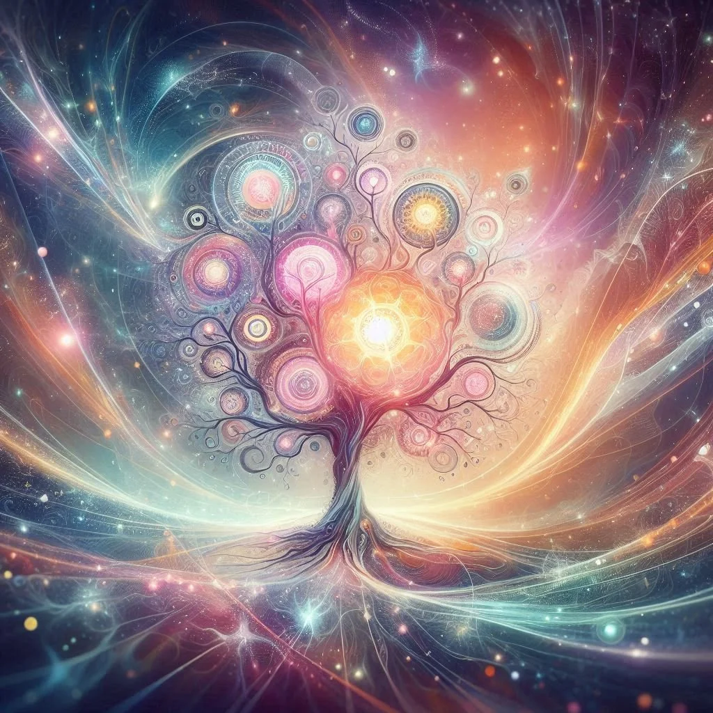 Árbol estilizado con raíces y ramas en espiral, rodeado de luces y patrones cósmicos en un fondo de energía y galaxias.