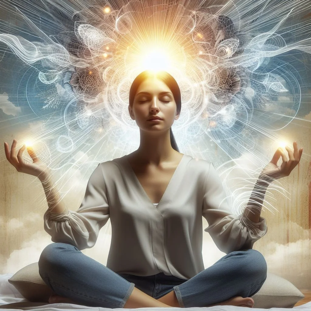 Mujer en posición de meditación con ojos cerrados, rodeada de ilustraciones de energía, ciencia y naturaleza, con un brillo dorado en su cabeza que representa iluminación o conciencia.