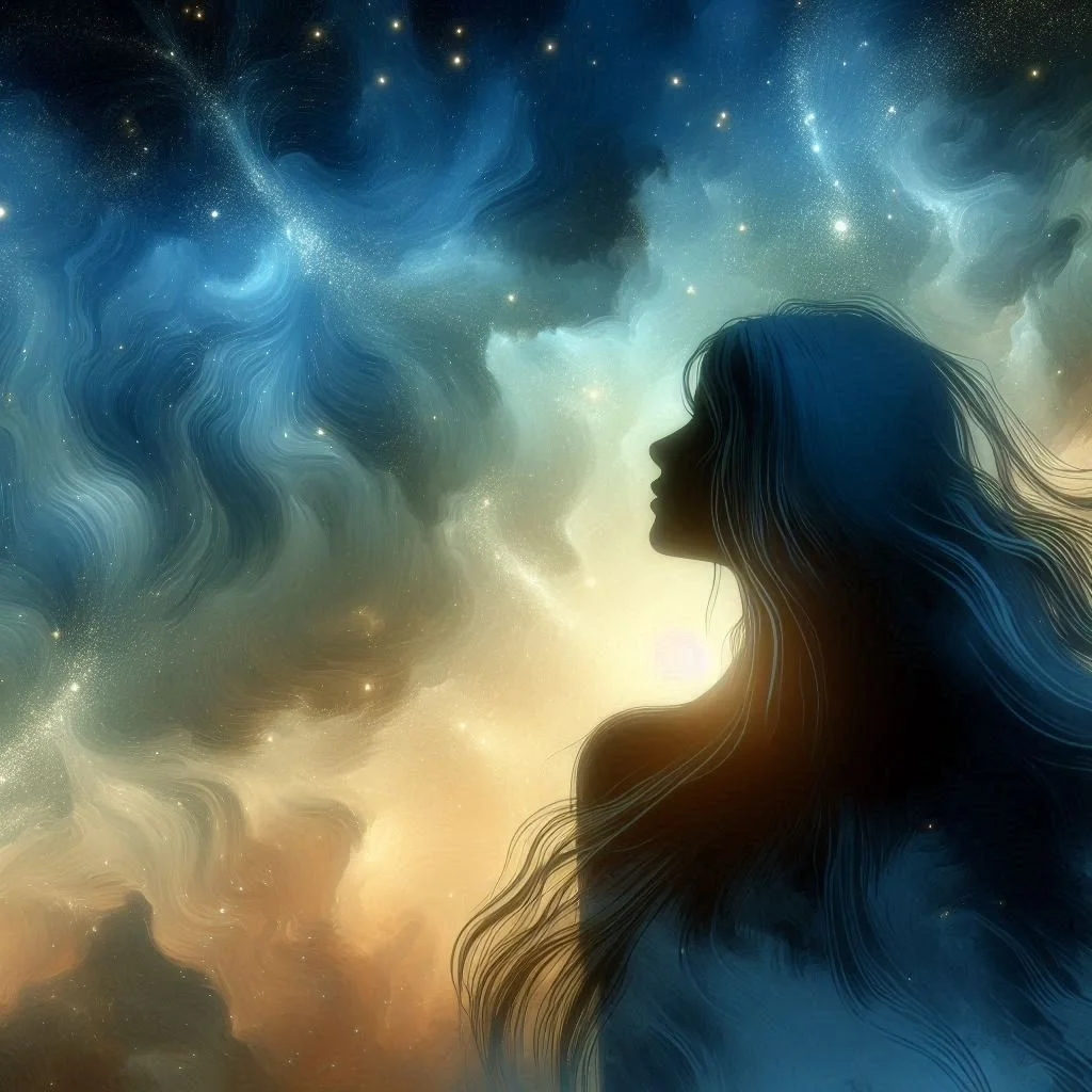 Silhouette de una mujer con largos cabellos frente a un fondo de cielo estrellado y nubes cósmicas