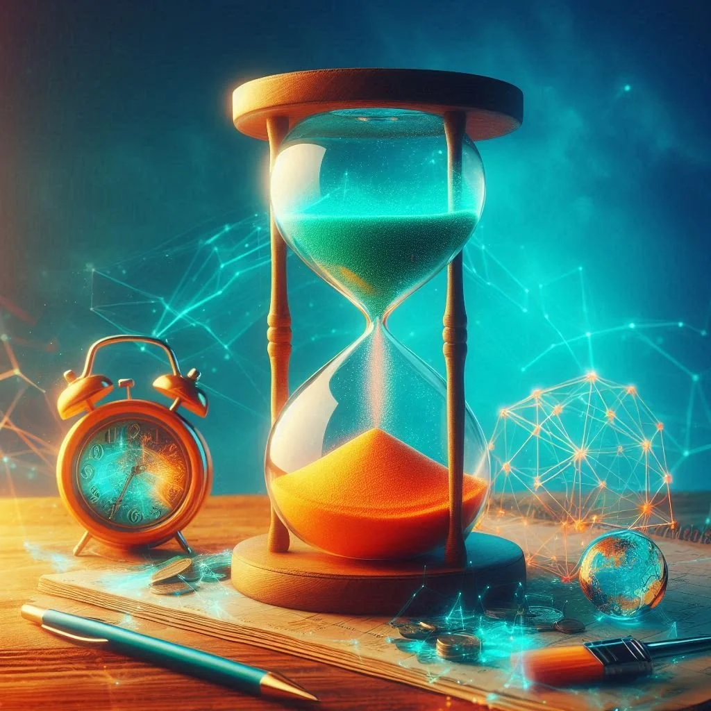 Reloj despertador, reloj analógico, mapa del mundo, una pila de monedas, un bolígrafo, documentos, una lupa, una pelota de tierra, y una estructura de conexiones digitales en un fondo futurista.