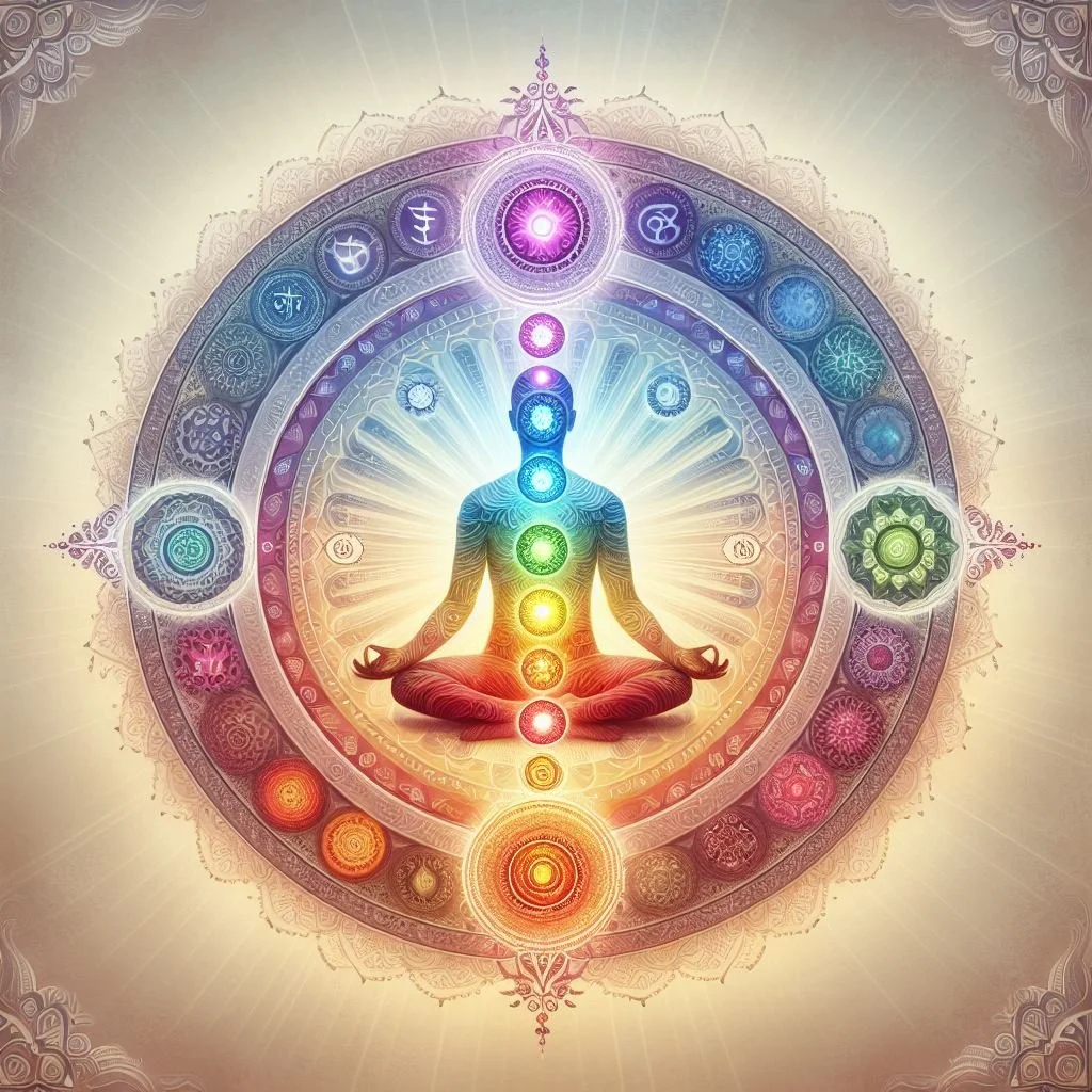 Figura de una persona en meditación en posición de loto, rodeada de chakras coloridos y símbolos místicos en un fondo brillante y mandálico.