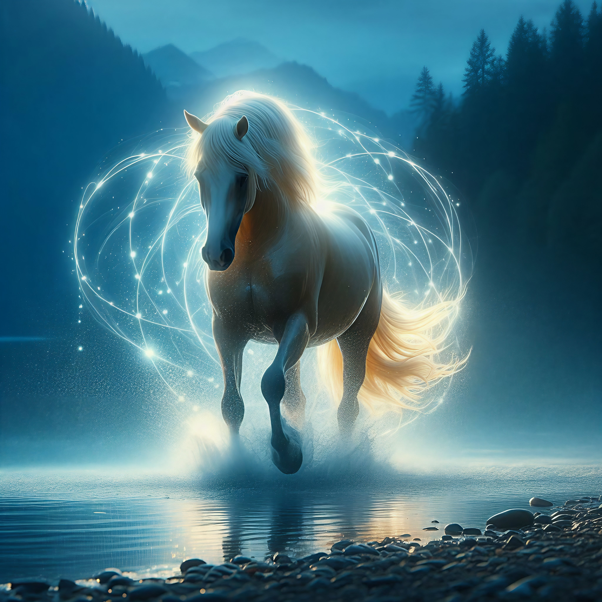 caballo blanco galopando en un río, rodeado de efectos de luz y energía mágica, en un paisaje de montaña con árboles y neblina