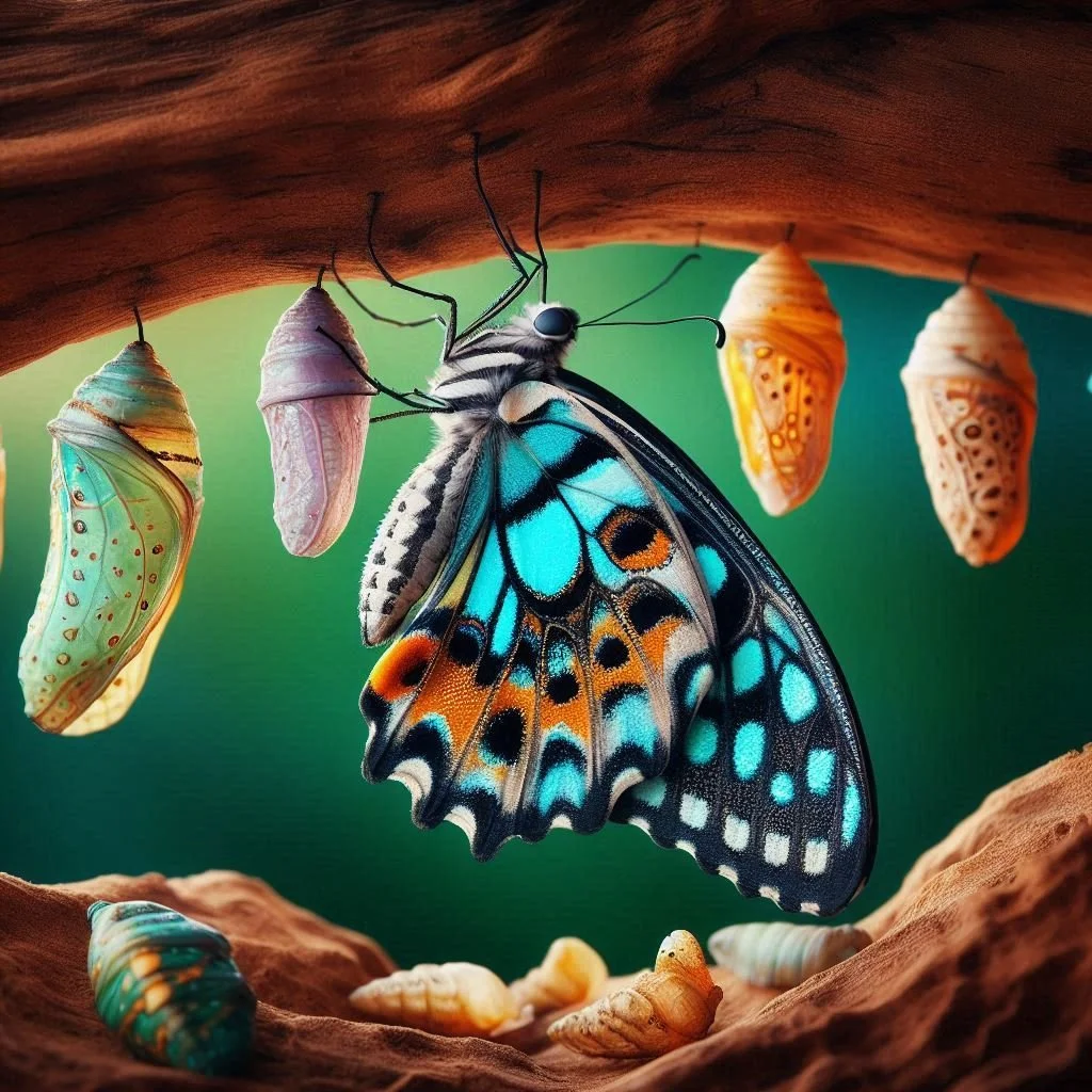 Una mariposa con alas coloridas de tonos azules y naranjas en proceso de cambiar de capullo dentro de una rama de árbol, con varios capullos en diferentes etapas de desarrollo alrededor.