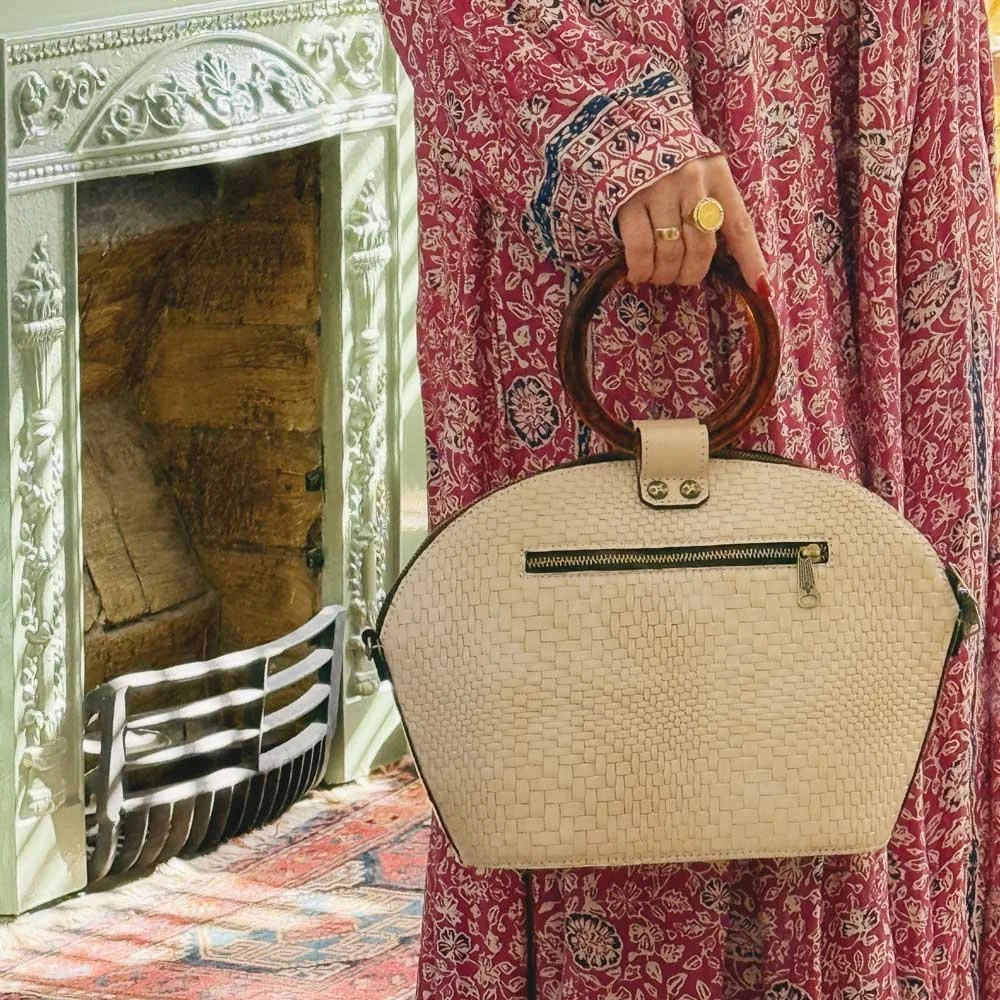 Vintage Woven Leather Handbag With Tortoise Shell Handles