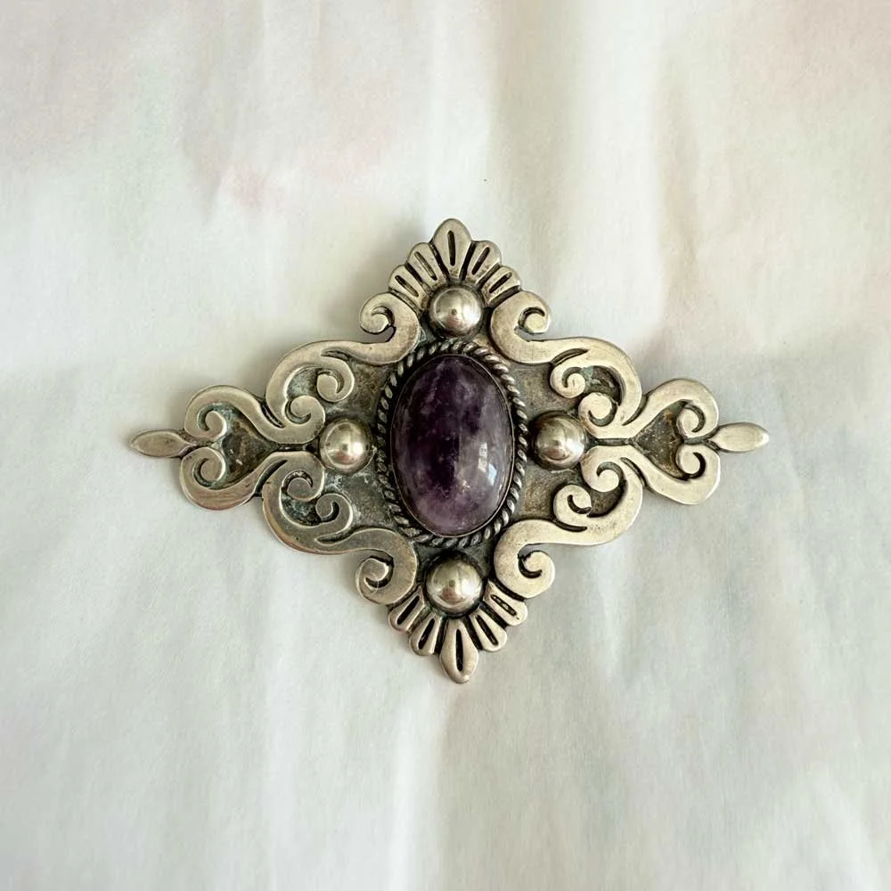 Rare Vintage Ornate Sterling and Jasper Brooch