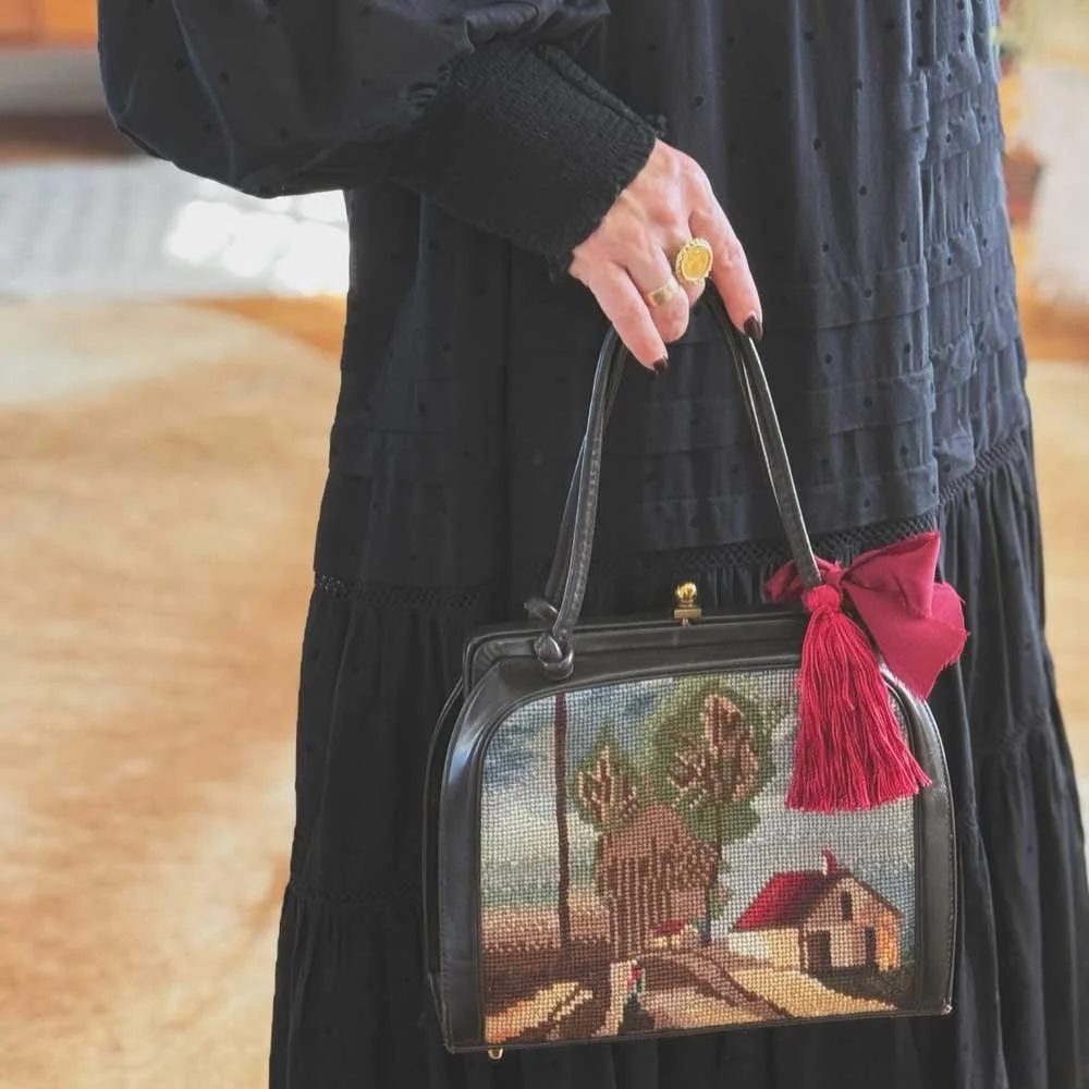 RARE Vintage Chocolate Leather Pastoral Needlepoint Handbag