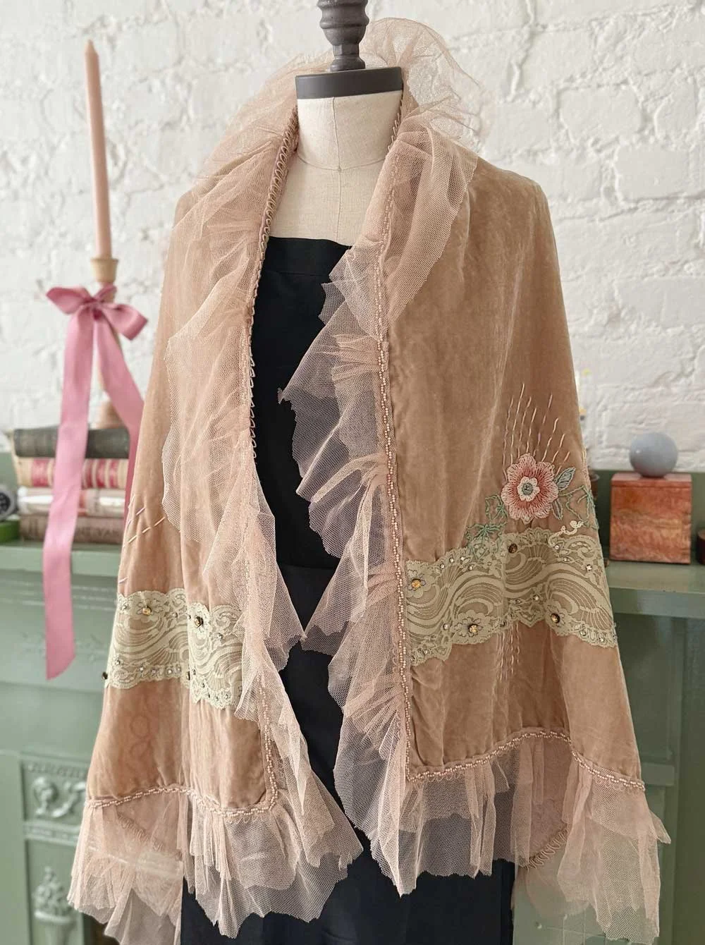 RARE Italian Velvet Embroidered and Embellished Shawl