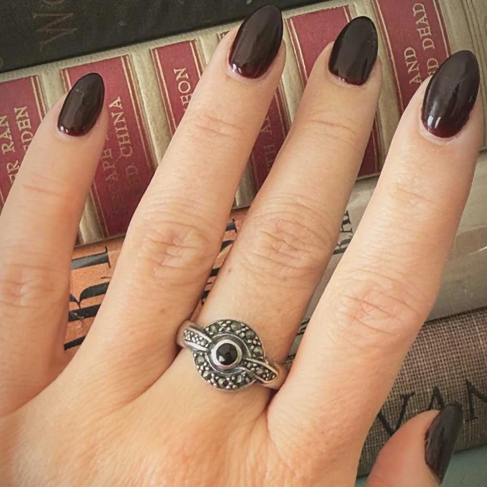 Vintage Sterling Silver Marcasite & Onyx Ring