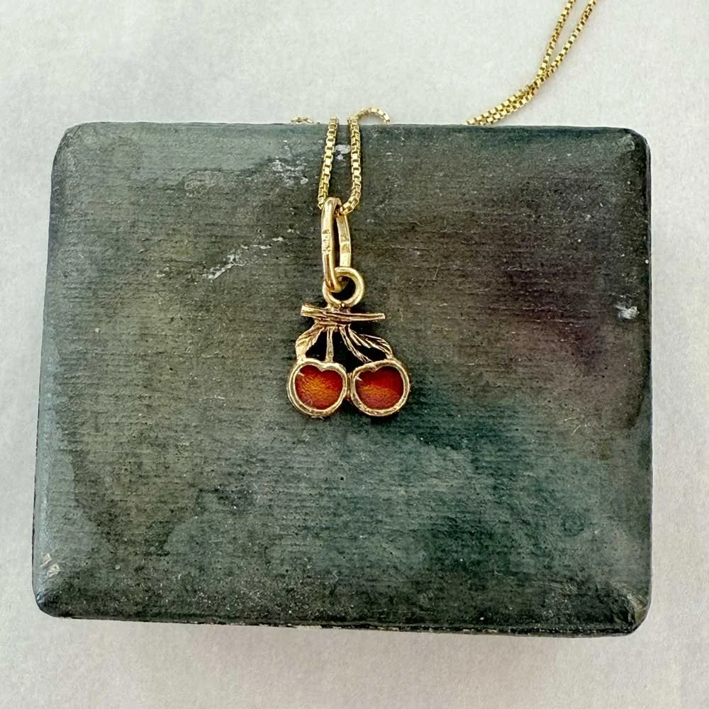 Vintage Enamel and Gold Cherry Necklace