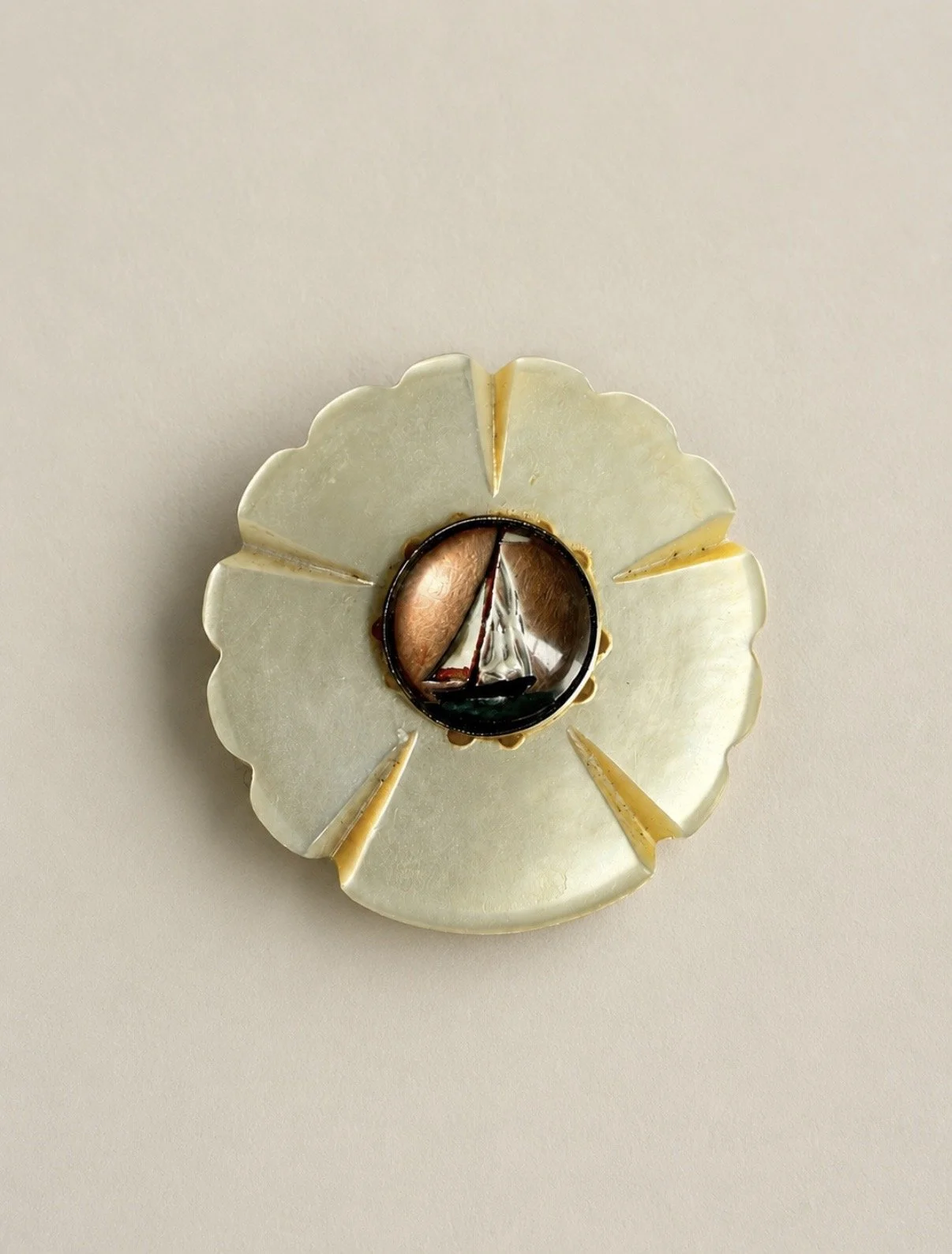 Antique 1930s Mother of Pearl Painted Sailboat Intaglio Brooch