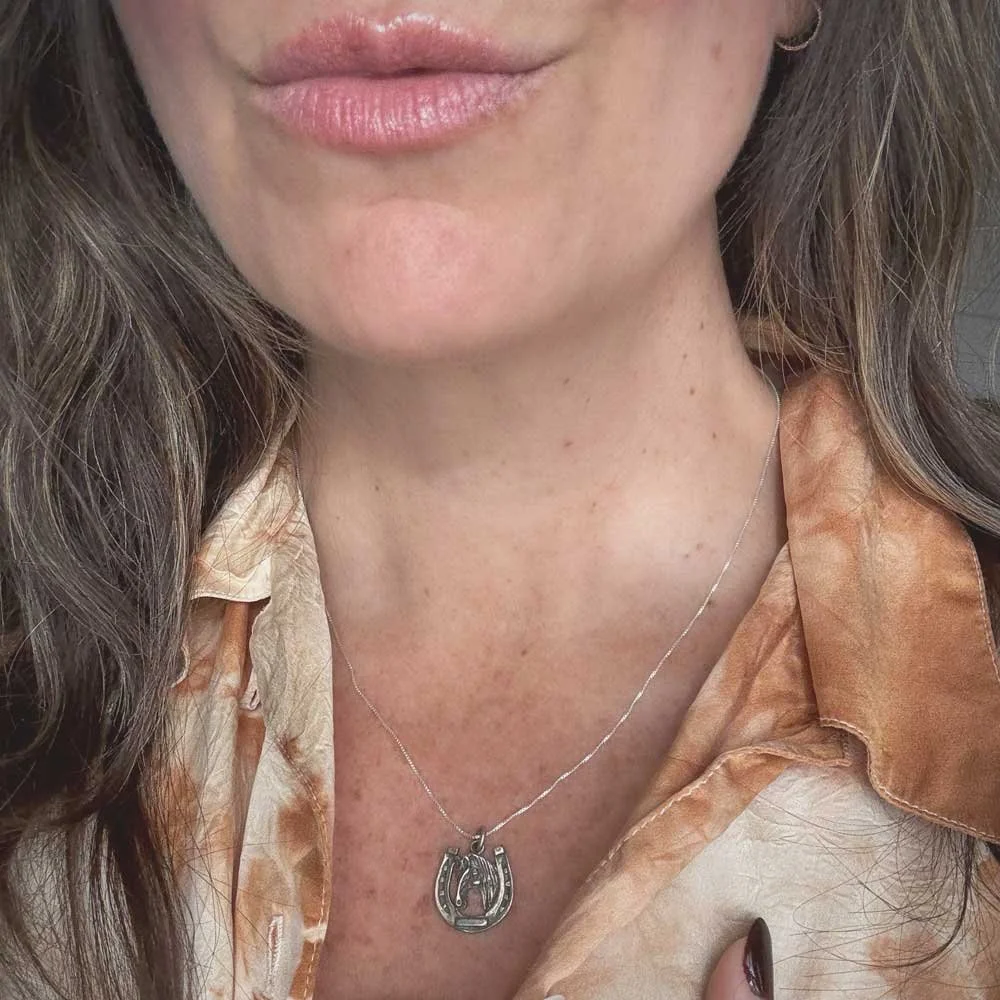 Sterling Silver Horseshoe Necklace with Horse Emblem