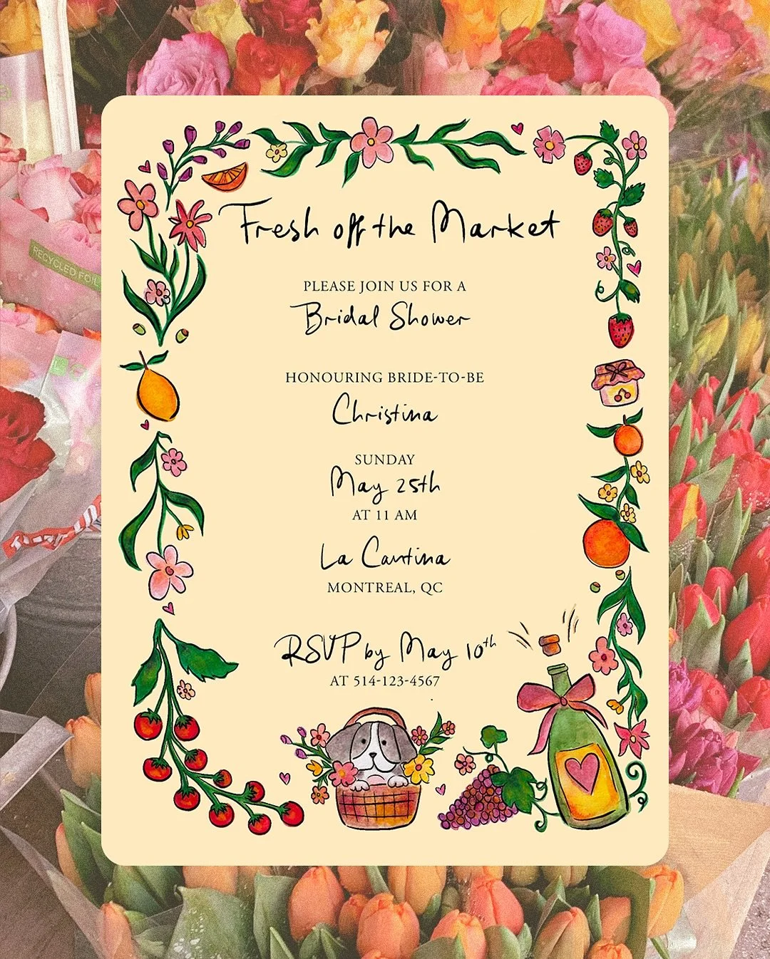 Hand-painted for one of my favorite people 💛 Bridal shower invites &amp; recipe cards for a day full of love.

🍋🍉🍅🍊🌷

Planning a wedding or special event? Let&rsquo;s design custom stationery that tells your story ✨

#invitationdesign #statione