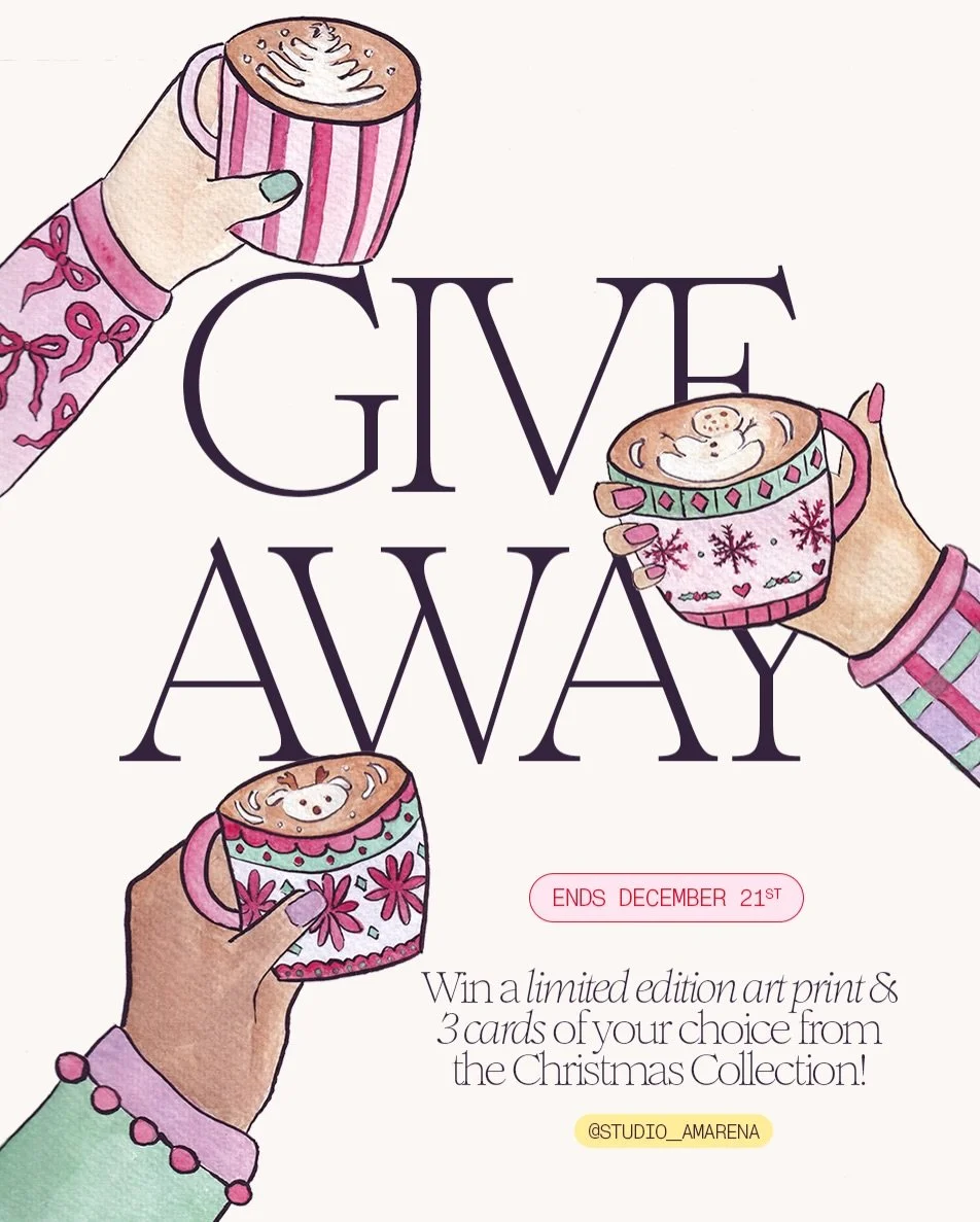 As a thank you for all the love so far, I&rsquo;m hosting a special GIVEAWAY❤️

You could win:

-1 art print (8x12&rdquo;) printed on premium archival fine art paper
-3 cards of your choice

To enter:

🍒Follow @studio__amarena
❤️Like this post
💃Tag