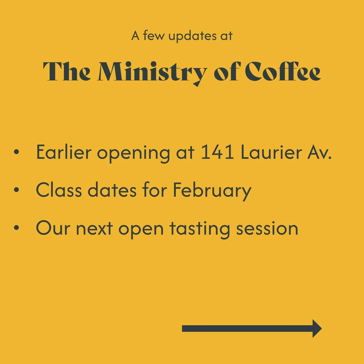We wanted to share a few updates on what&rsquo;s happening with us!

- New classes now live
- Earlier opening hours at the caf&eacute;
- Our next community tasting session is coming up

Explore everything at theministryofcoffee.com

From upcoming cla