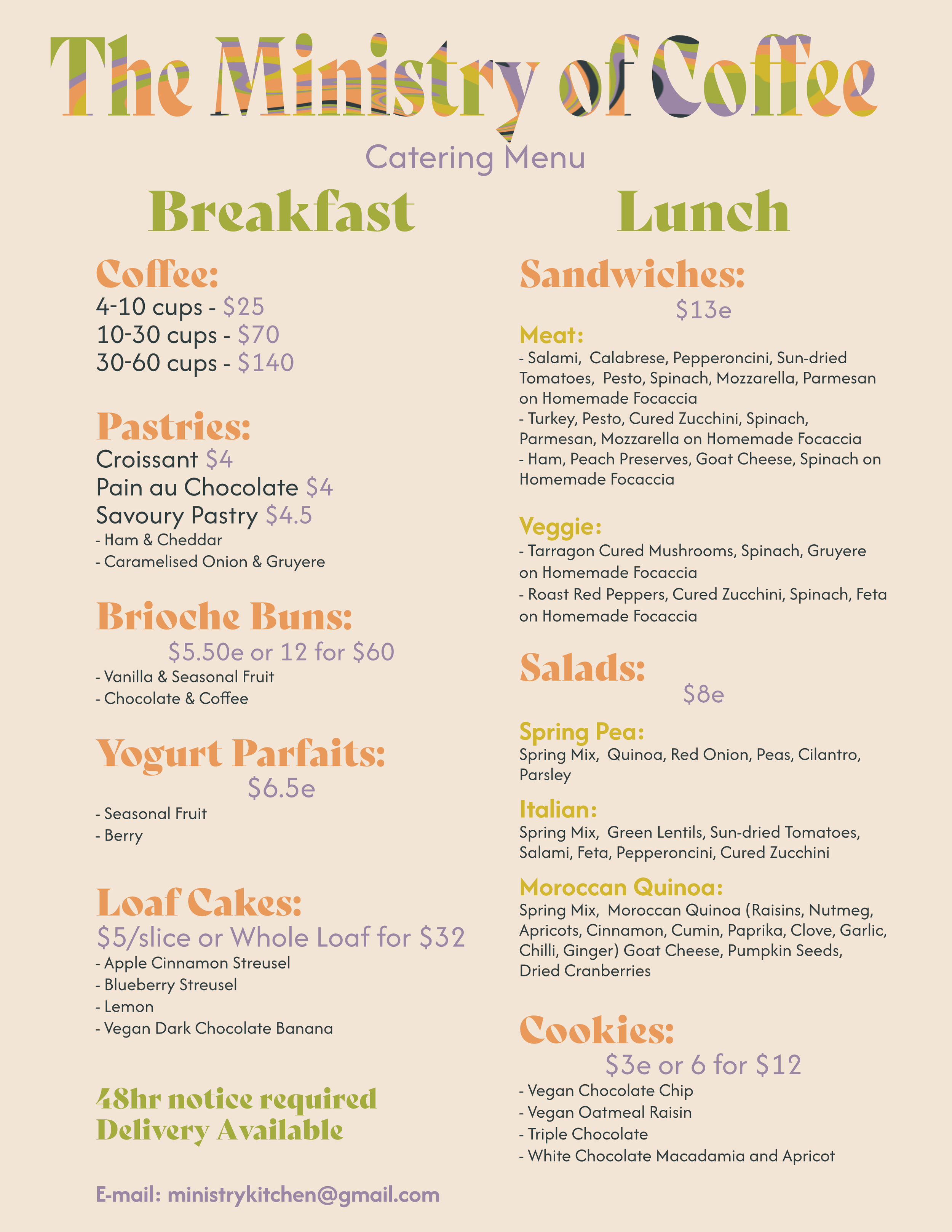 A photo of The Ministry of Coffee's catering menu including breakfast and lunch assortments, such as coffee, pastries, sandwiches salads and more.